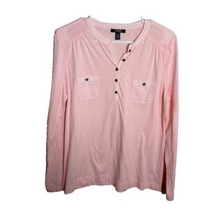Chaps Blouse Women's Large Pink V-Neck Popover Pocket Long Sleeve Sheer Top